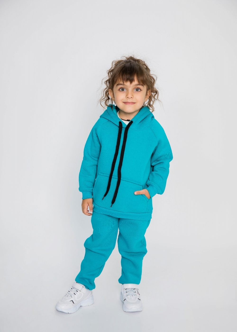296-Б. Свитшот с капюшоном + Штаны, хлопок 65%, 35% ПЭ, 3-х нитка (начес) бирюза 122,128,134,140